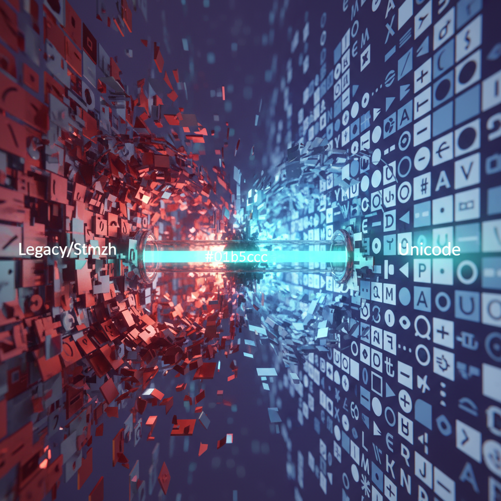 Complex legacy font system transitioning to clean modern encoding.