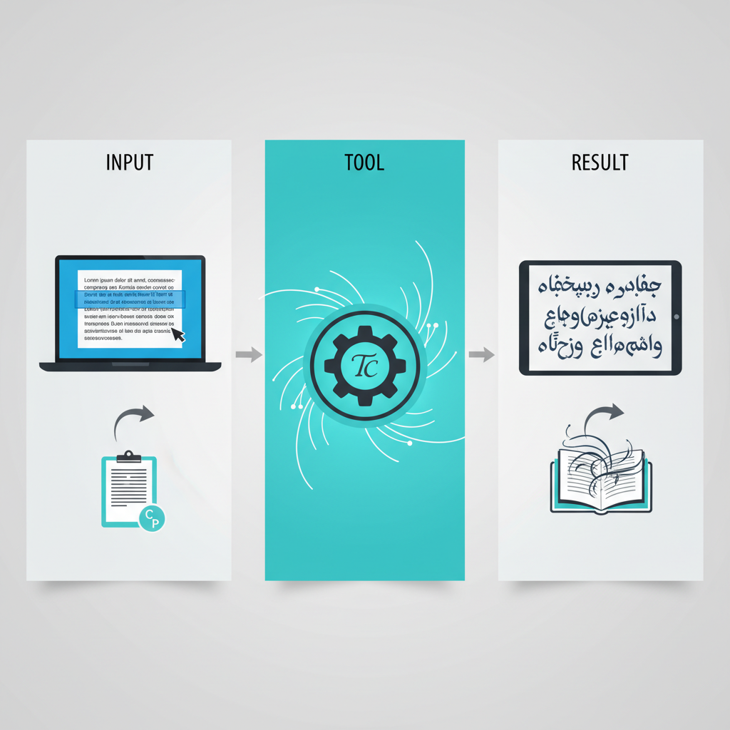 Infographic showing the three steps of the Unicode to AMS calligraphy conversion process.