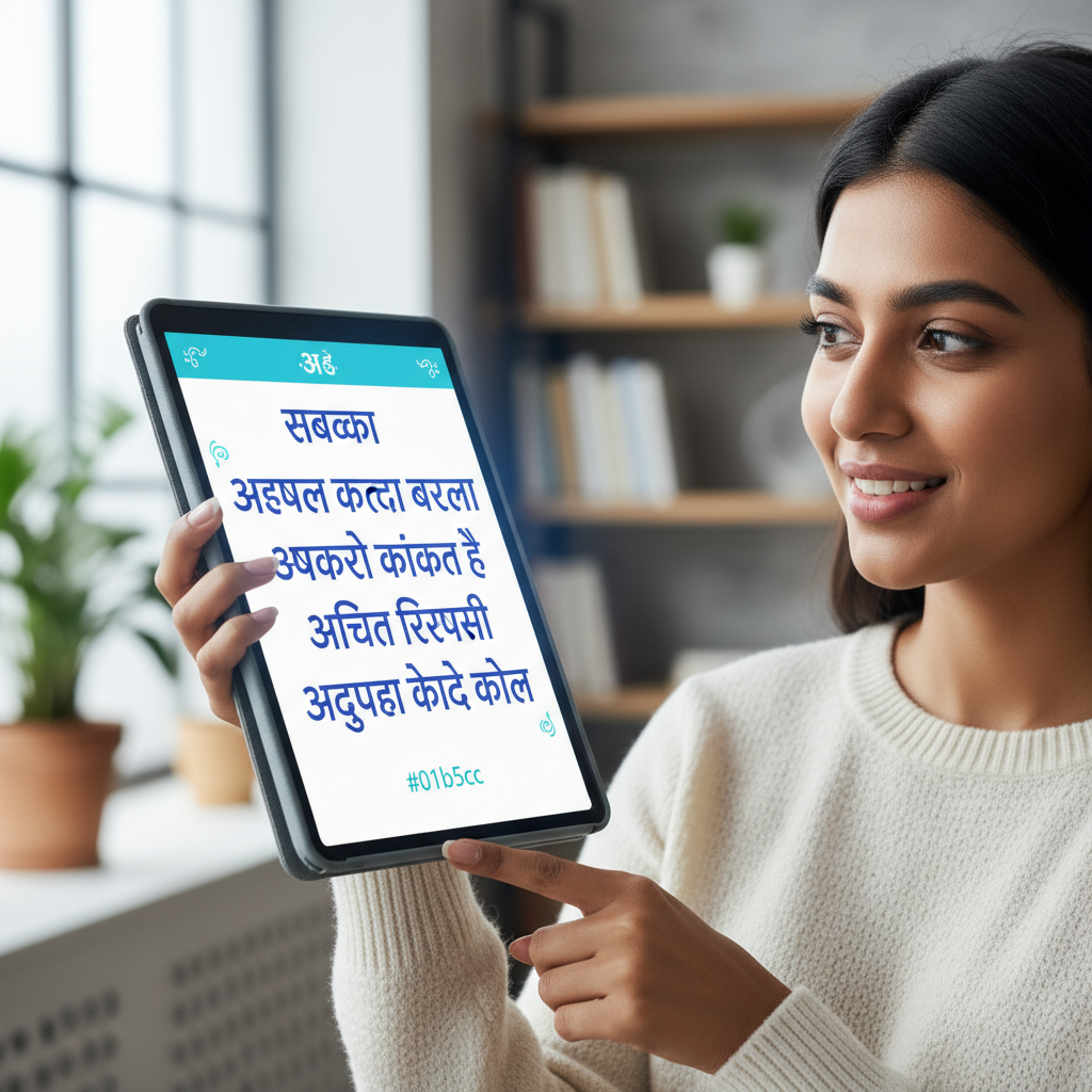 टैबलेट पर मराठी या हिंदी टेक्स्ट पढ़ते हुए एक व्यक्ति, जो सफल फॉन्ट रूपांतरण को दर्शाता है।