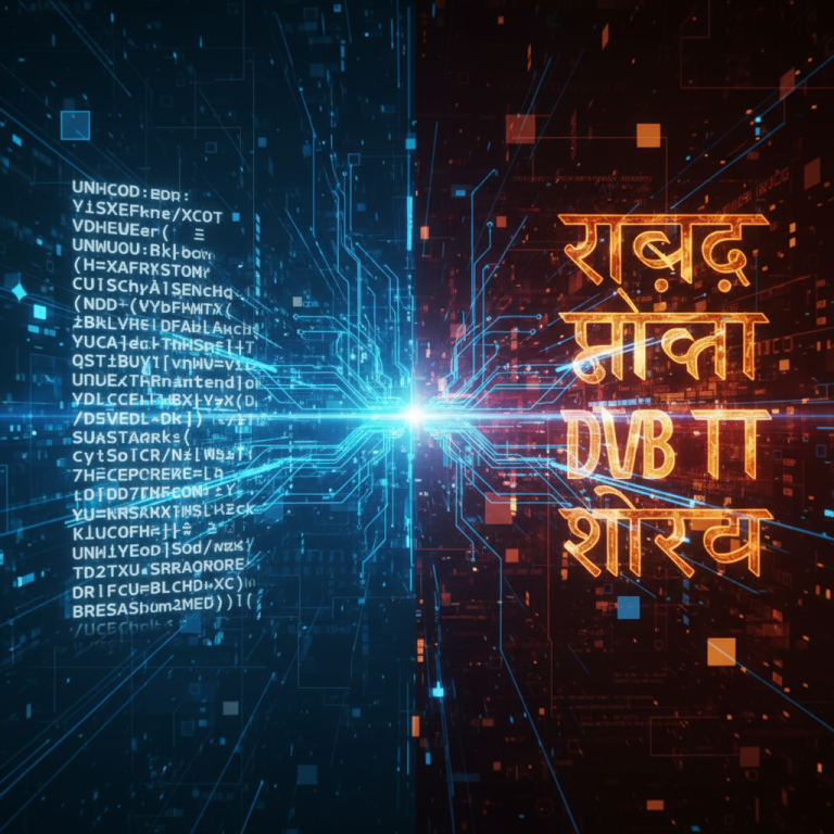 Conceptual image showing digital text translation between Unicode and DVB TT Surekh formats.
