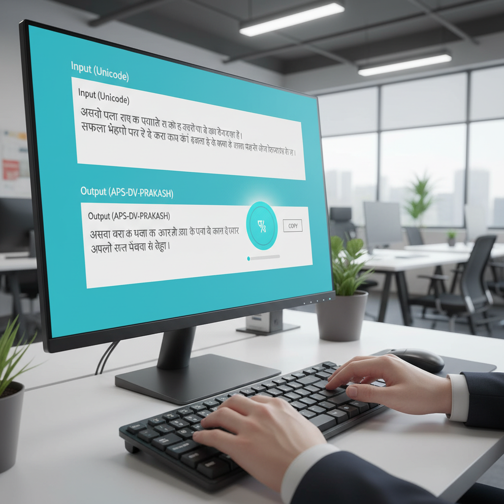 User interface of an online Unicode to APS-DV-PRAKASH converter tool ready for text input.