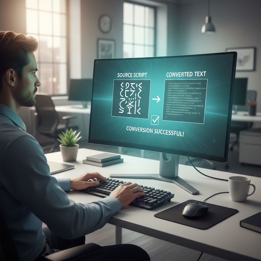 फ़ॉन्ट कन्वर्टर टूल का उपयोग करता हुआ एक पेशेवर व्यक्ति।