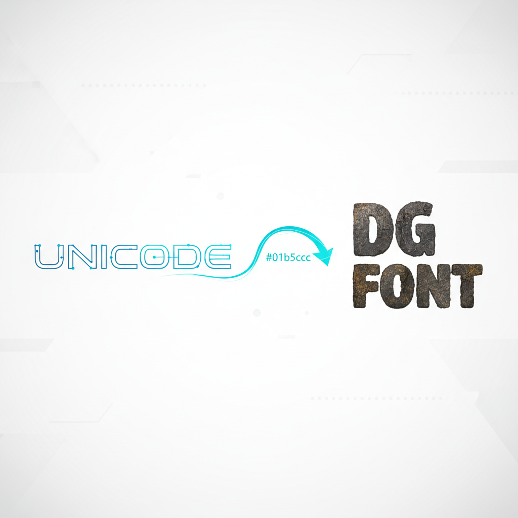 यूनिकोड और डीजी फ़ॉन्ट के बीच रूपांतरण को दर्शाता ग्राफ़िक डिज़ाइन।