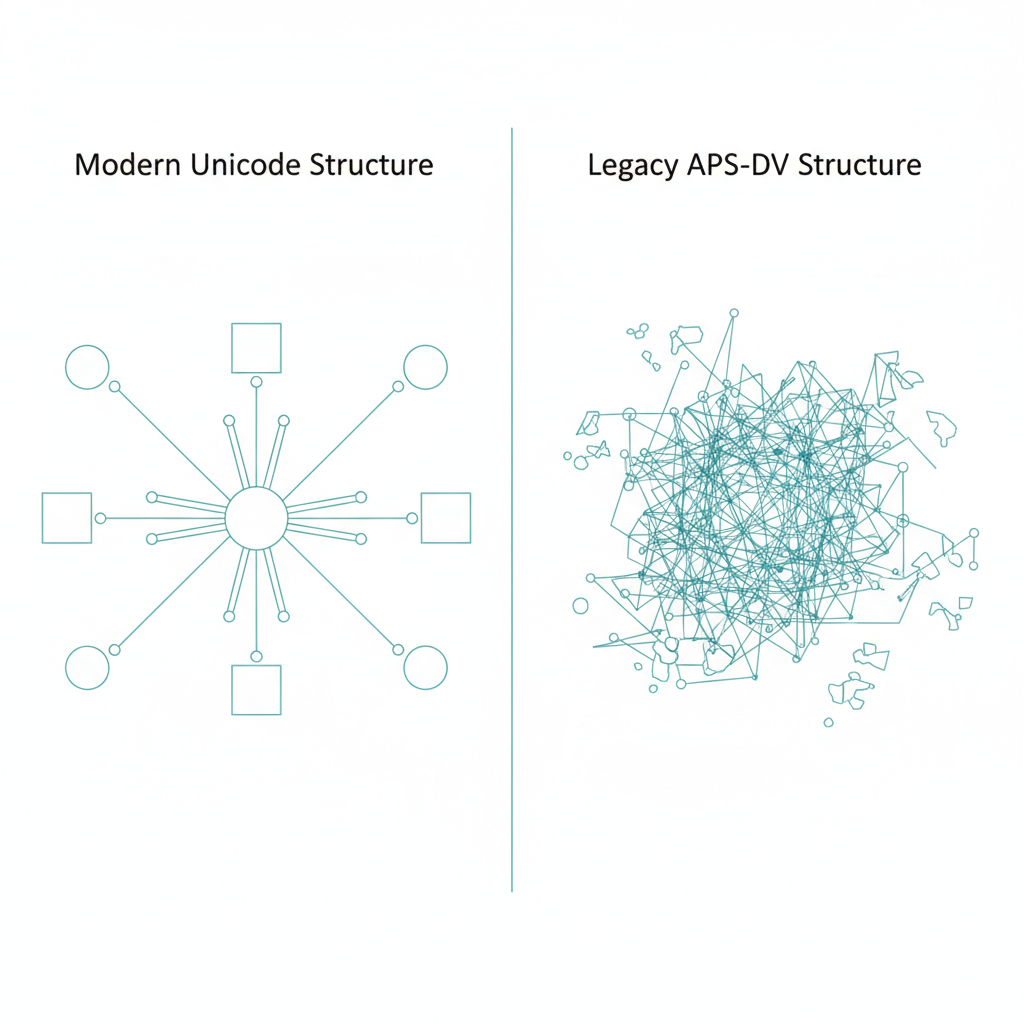 यूनिकोड और APS-DV फॉन्ट प्रणालियों के बीच वैचारिक अंतर को दर्शाने वाला ग्राफिक।