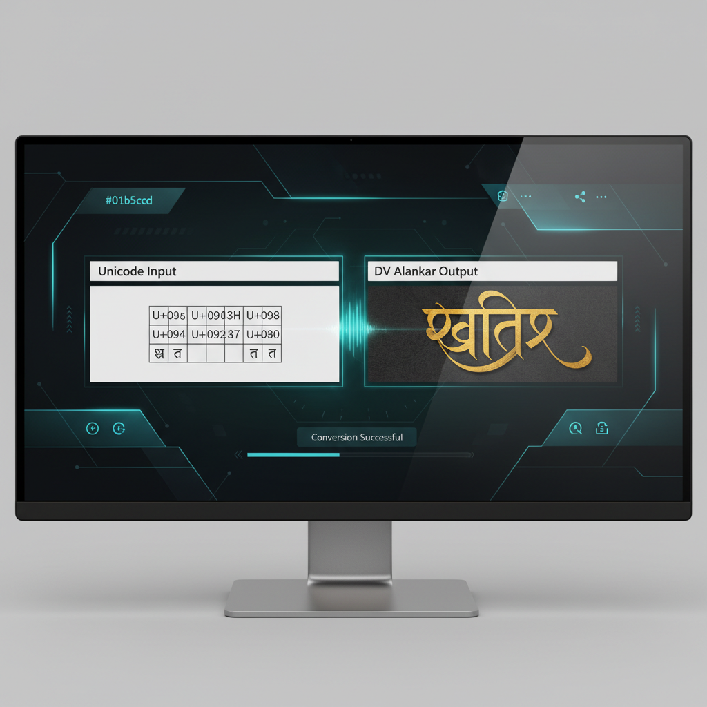 Visual representation of the Unicode to DV Alankar converter interface showing input and output boxes